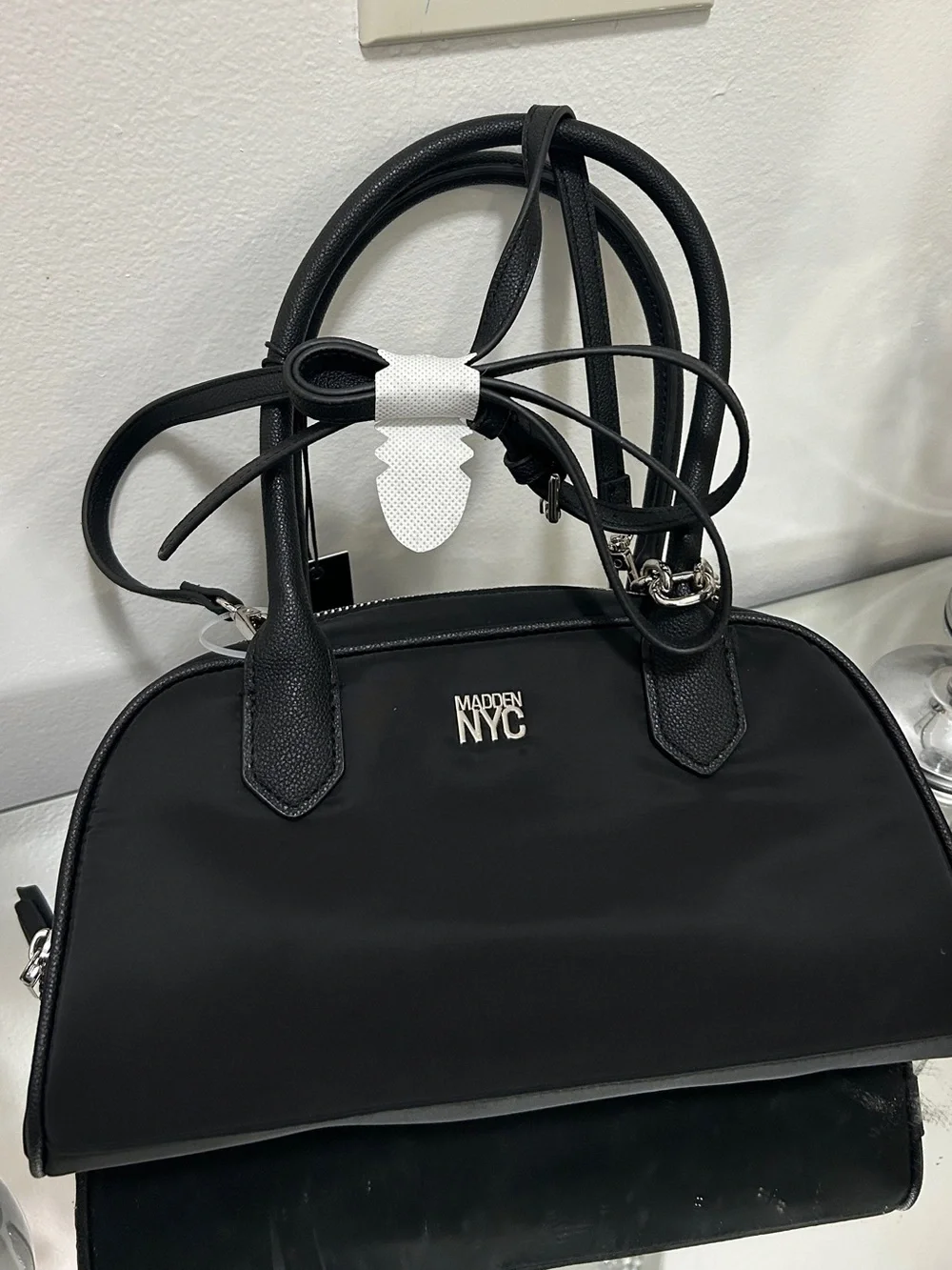 Madden NYC Black East West Bowler Bag Heart Charm NWT Crossbody Satchel